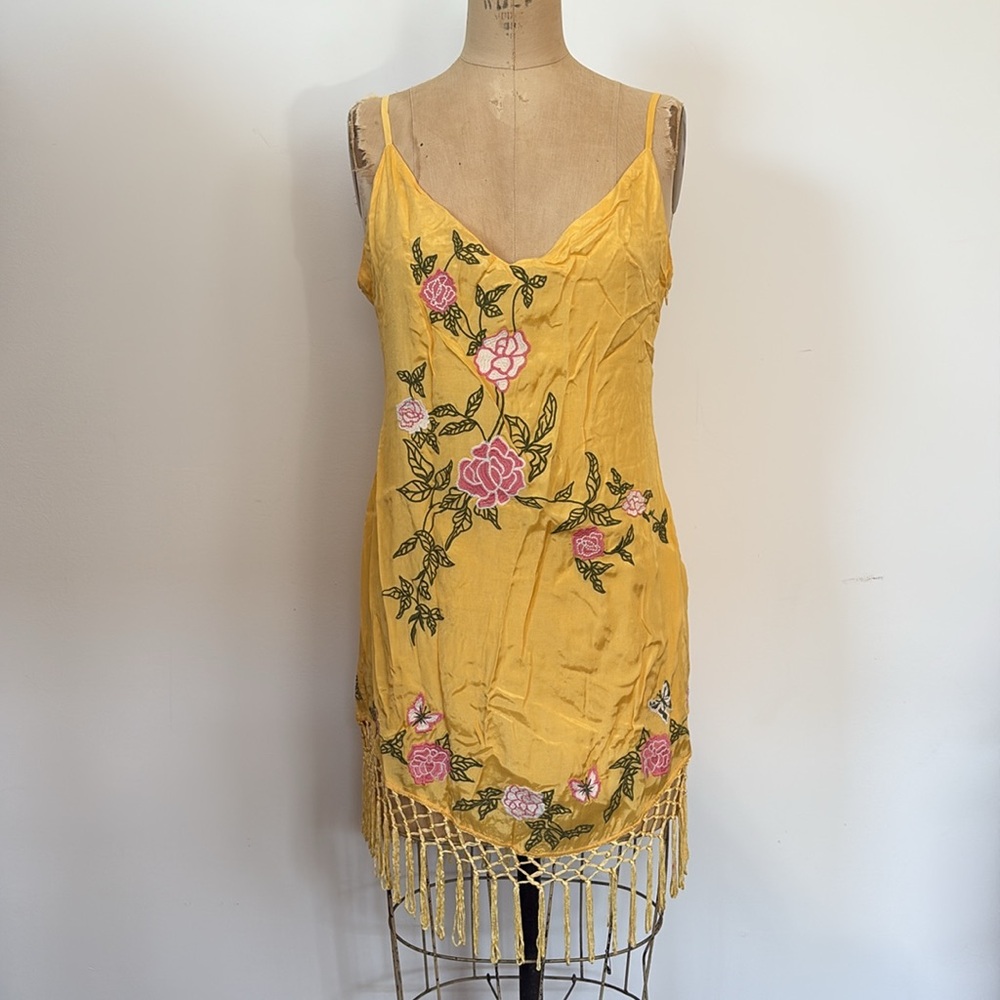 NWT Urban Outfitters Carmen Yellow Floral Embroidered Fringe Dress M